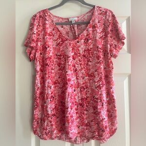 J. Jill Shirt Women’s Size L Petite Pink White Floral Top Short Sleeve V Neck